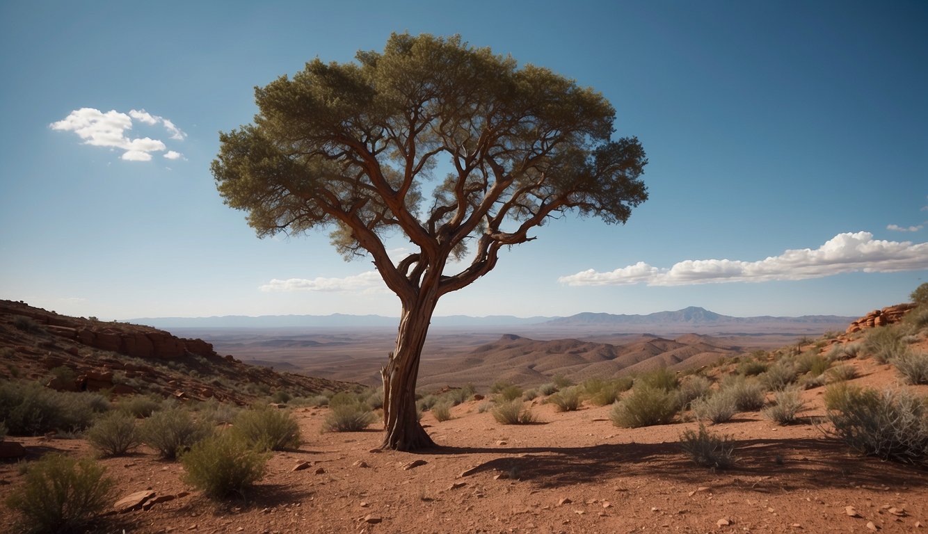 A rugged landscape with red earth and sparse vegetation, a solitary bottle tree stands tall with its swollen trunk and sparse canopy against a clear blue sky