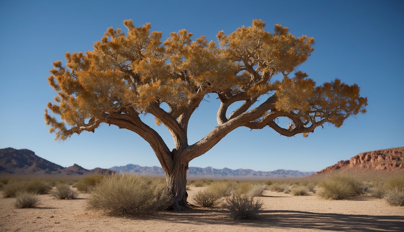 A rugged desert landscape with a solitary Brachychiton rupestris tree standing tall, with its distinctive swollen trunk and sparse, leathery leaves, under a bright blue sky