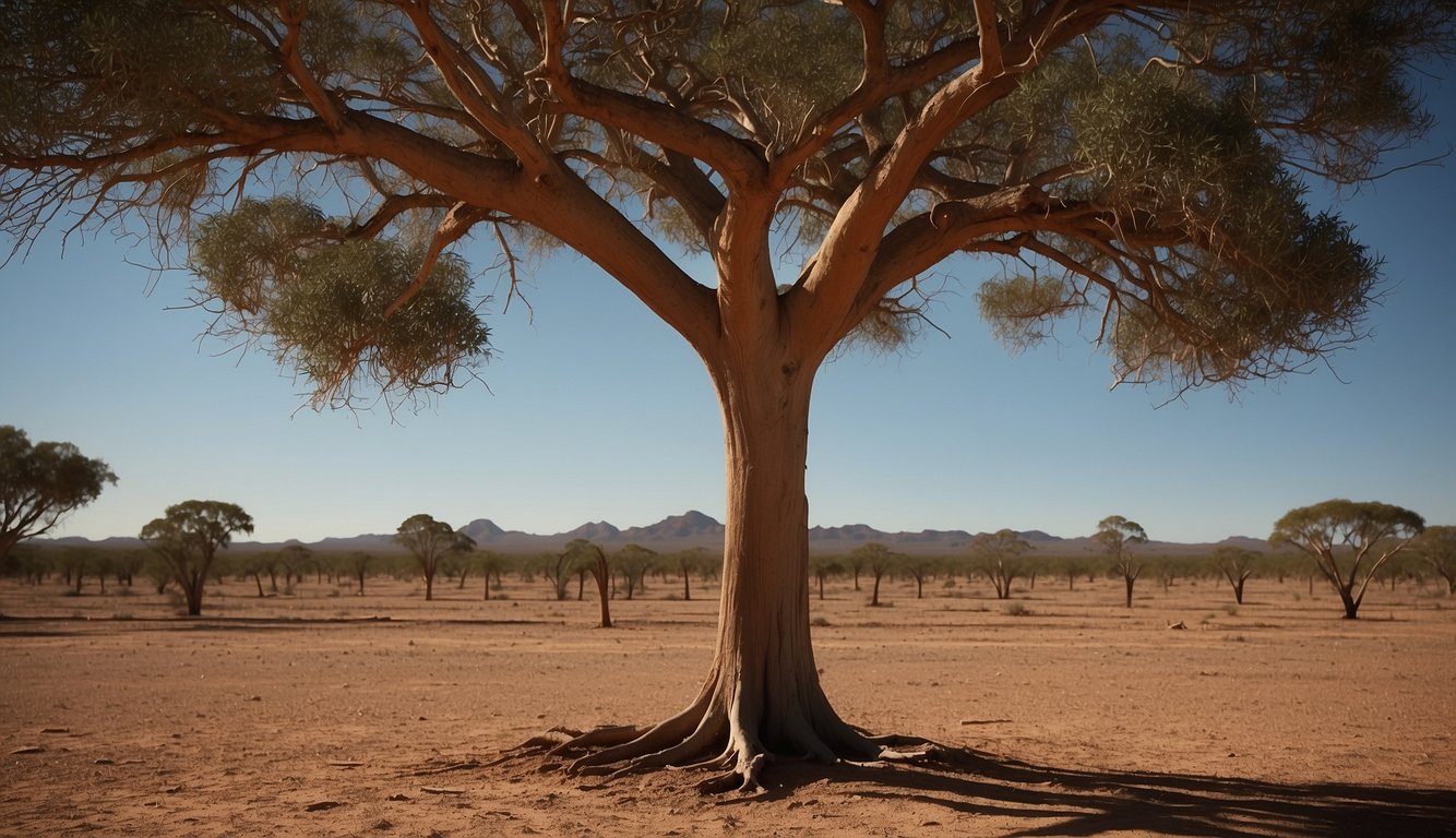 A bottle tree stands tall in the Australian outback, its swollen trunk and sparse branches creating a striking silhouette against the vast desert landscape.

The tree's unique form and cultural significance are evident in its presence