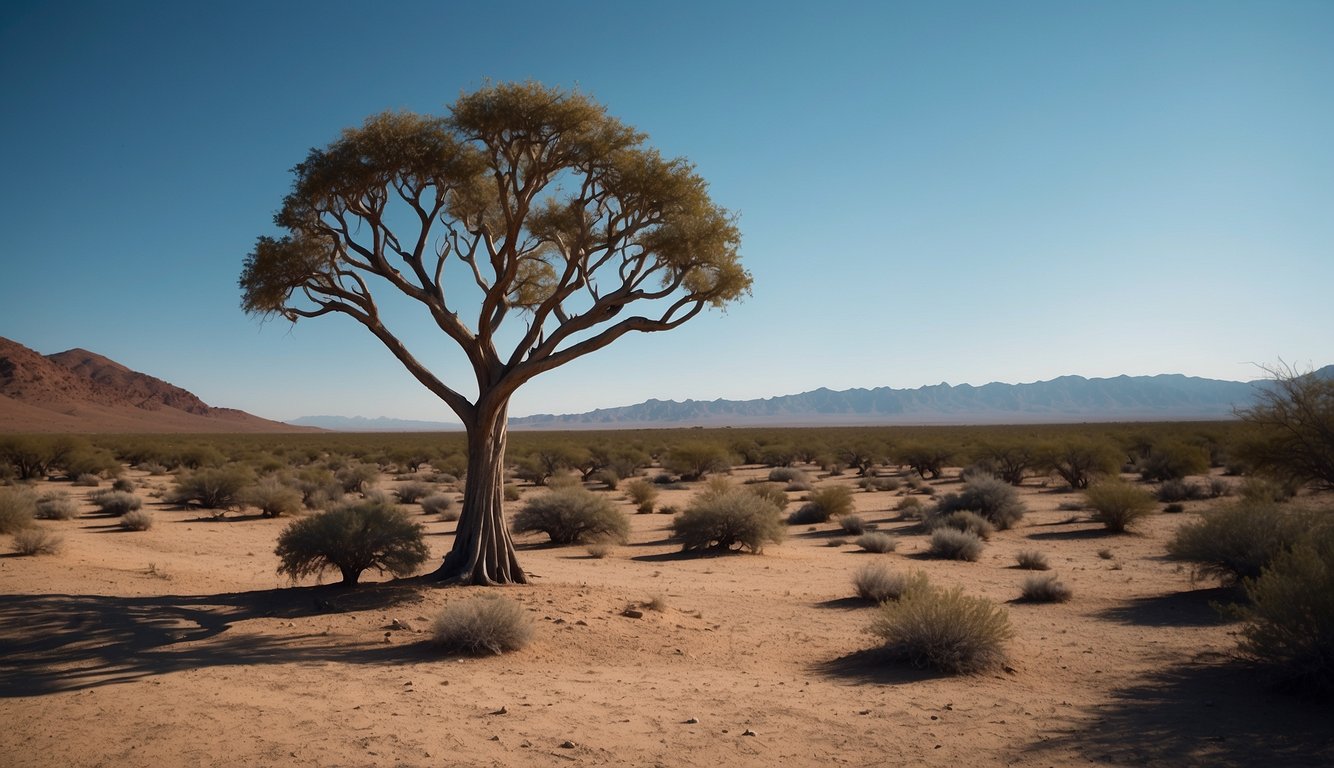 The bottle tree stands tall in the arid landscape, its swollen trunk and sparse branches creating a striking silhouette against the clear blue sky