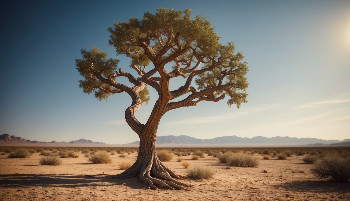 A bottle tree stands tall in a desert landscape, its unique trunk and branches twisting and bulging, drawing attention with its distinct allure
