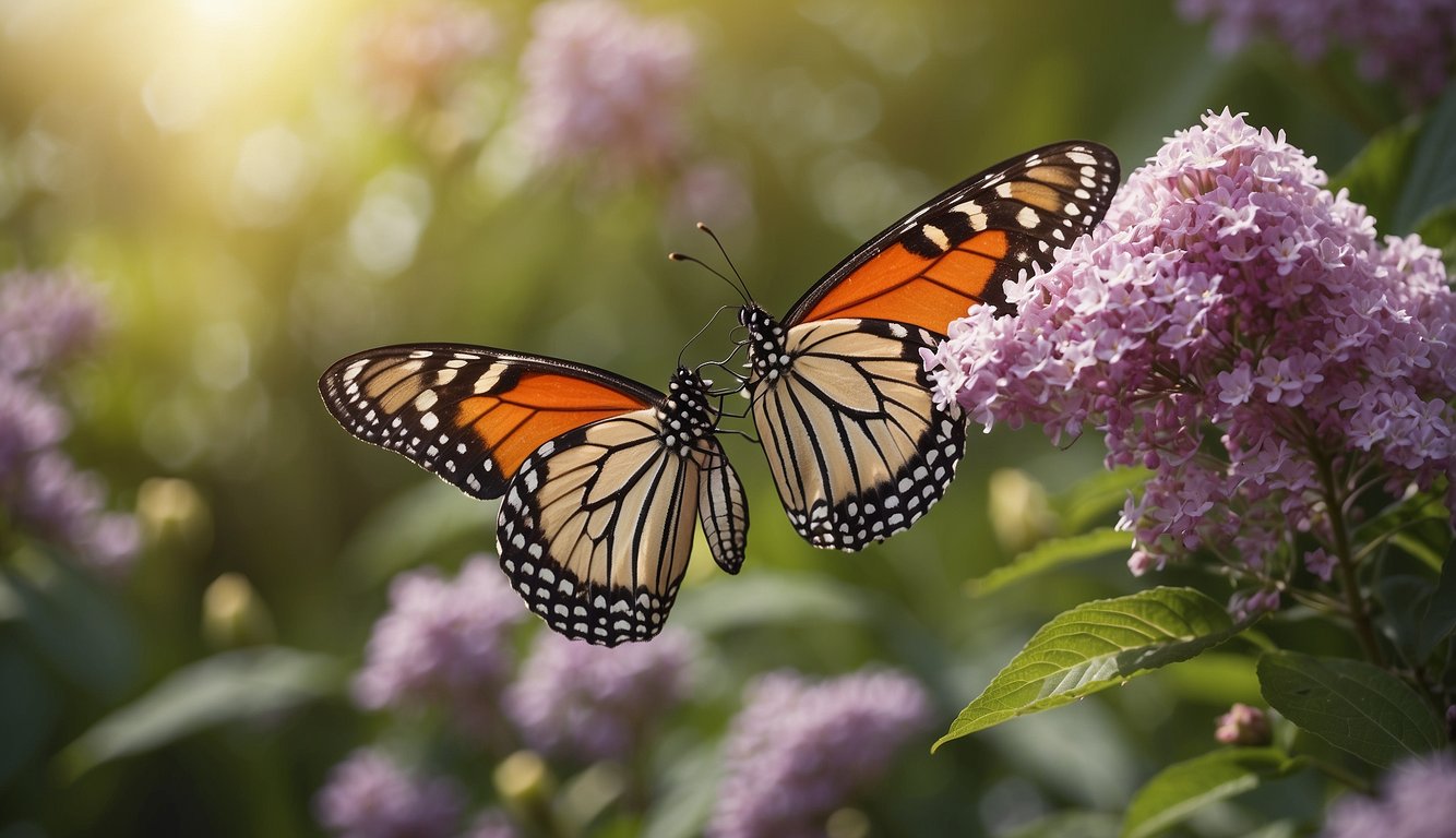 A colorful butterfly hovers over a blooming Buddleja Davidii bush, while other butterflies flit around, drawn by the sweet fragrance and nectar-filled flowers