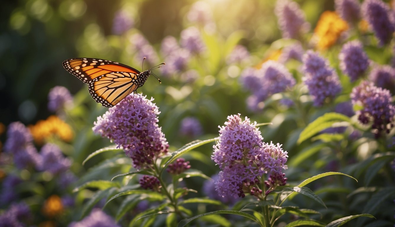A vibrant butterfly bush blooms in a sunny garden, surrounded by fluttering butterflies and bees.

The plant is well-tended with mulch and a gentle watering system