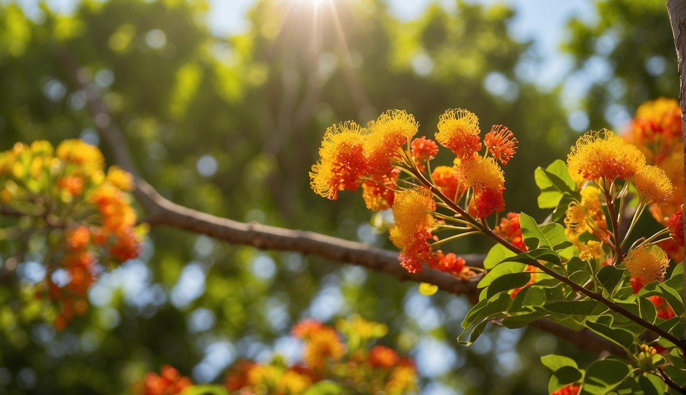 Caesalpinia Pulcherrima blooms in vibrant red, orange, and yellow, surrounded by lush green foliage and basking in the warm sunlight