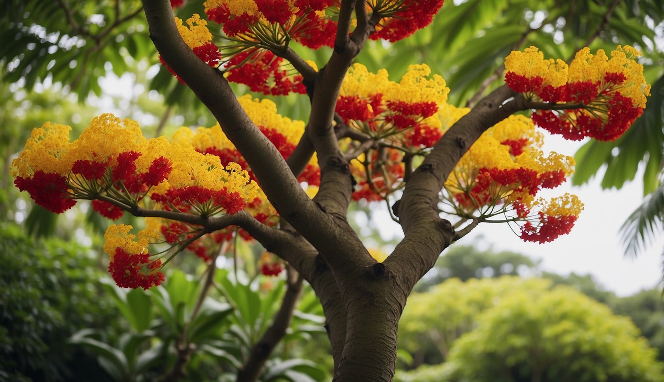 A vibrant Caesalpinia Pulcherrima tree stands tall in a tropical garden, with striking red and yellow flowers blooming amid lush green leaves