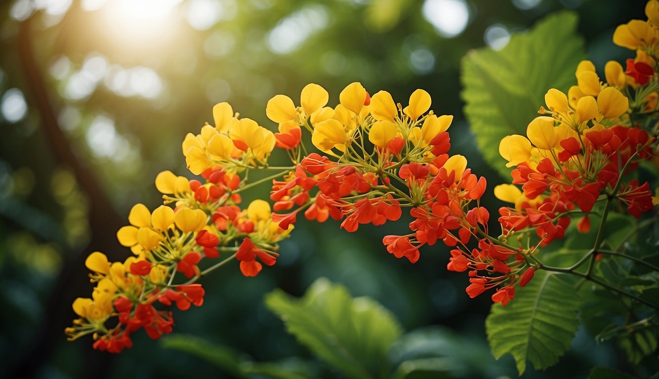 A vibrant Caesalpinia Pulcherrima blooms in a tropical garden, showcasing its fiery red and yellow petals against lush green foliage