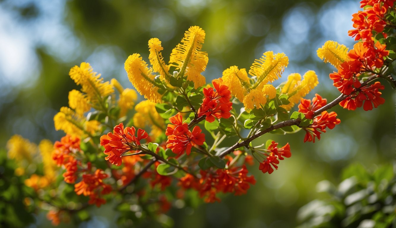 The vibrant Caesalpinia Pulcherrima blooms stand out against the lush green foliage, attracting butterflies and hummingbirds in a tropical garden setting