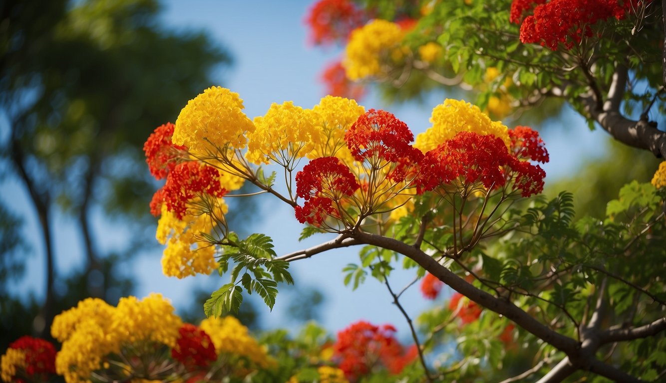 A vibrant Caesalpinia Pulcherrima tree stands tall, adorned with fiery red and yellow flowers.

The bright blooms contrast against the lush green leaves, creating a striking display of natural beauty
