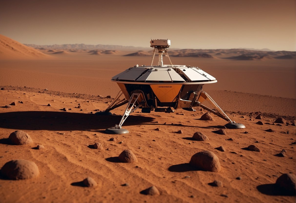 Insight lander sits on the surface of Mars, its seismometer extended, probing for seismic activity. The red Martian landscape stretches out in the background