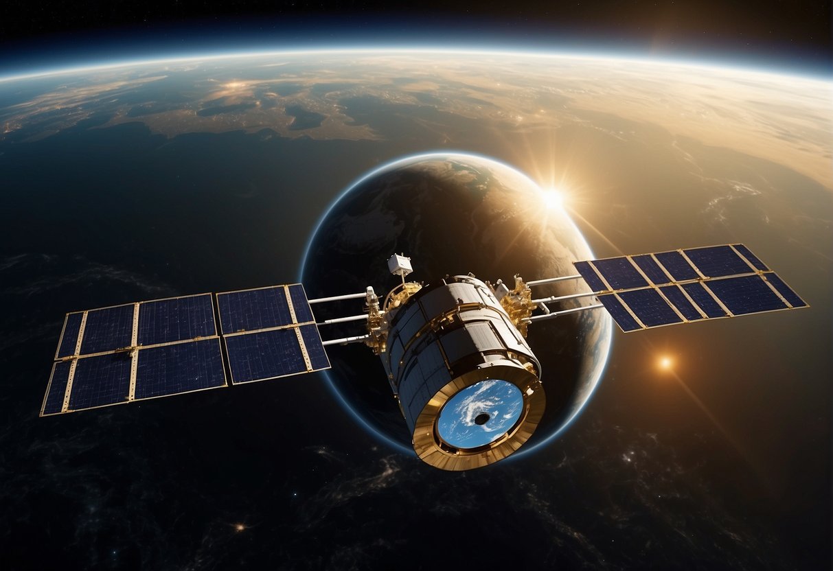 A geostationary satellite hovers in space, beaming signals to Earth. It connects global telecommunications networks, providing vital communication services worldwide