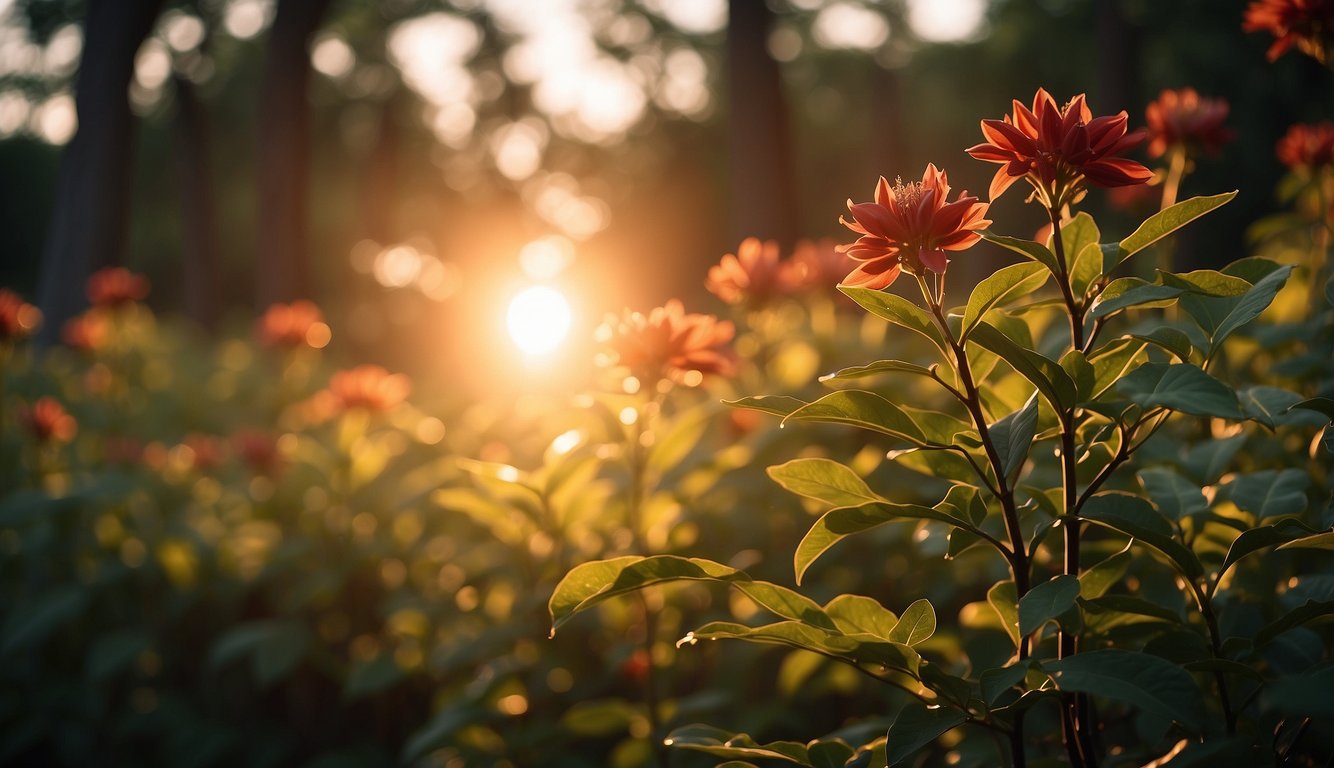 The sun sets behind a lush forest, casting a warm glow on the Calycanthus Floridus.

Its deep red blooms exude a sweet, intoxicating fragrance, drawing in curious creatures