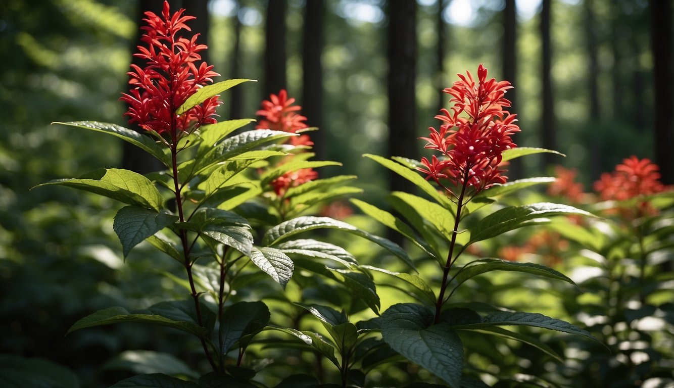 A dense forest with dappled sunlight showcases the sweetshrub's vibrant red blooms and glossy green leaves, surrounded by a variety of native flora