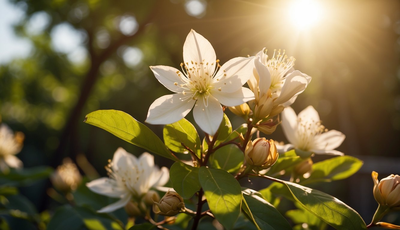 A lush garden with a calycanthus floridus bush in full bloom, emitting a sweet, mysterious fragrance.

Bees and butterflies hover around the vibrant, fragrant flowers, while the sun casts a warm glow on the scene