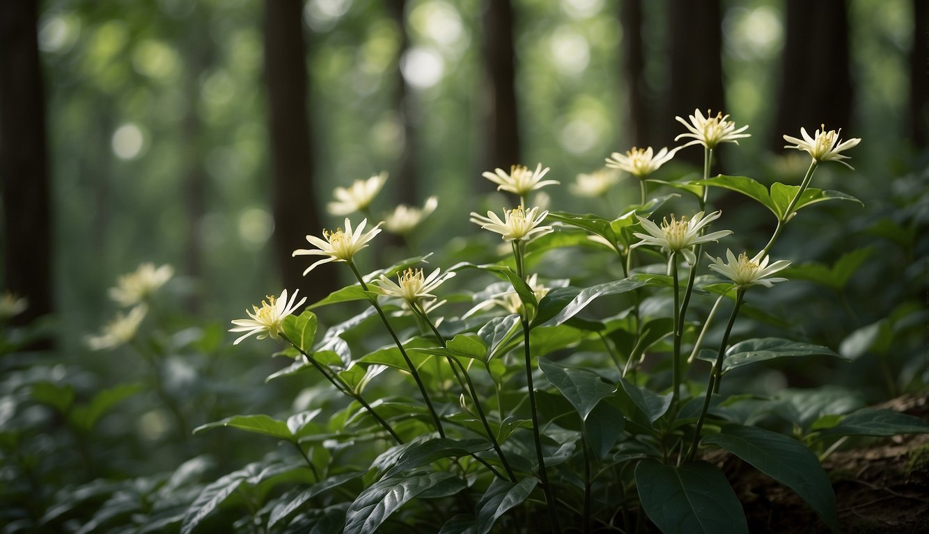 A dense forest with vibrant green foliage and wildflowers surrounds a blooming Calycanthus Floridus, emitting a sweet, intoxicating fragrance.

A variety of wildlife, including birds and butterflies, are drawn to the plant, highlighting its ecological significance
