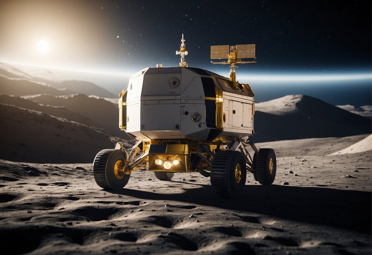 Chandrayaan Missions - The spacecraft Chandrayaan-2 approaches the surface of the moon, with the Earth visible in the background