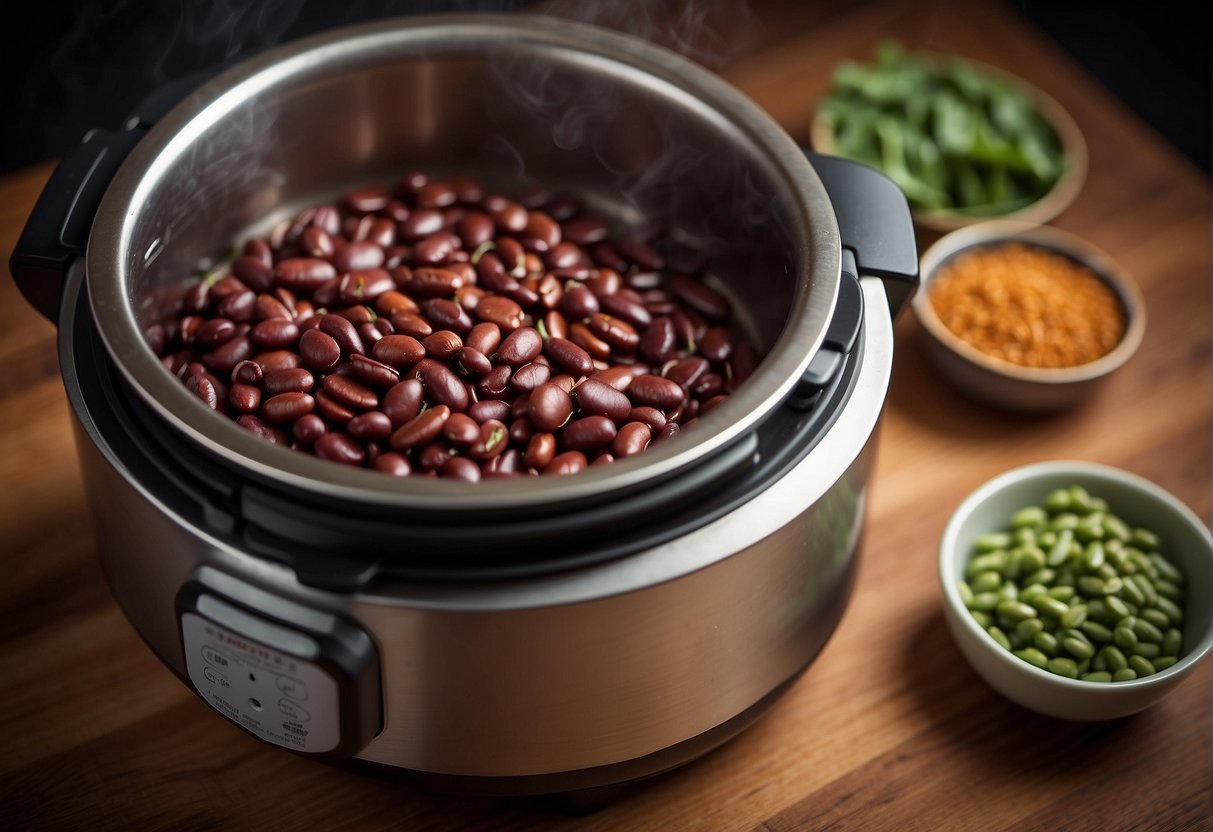 Kidney beans cook in instant pot, steam rising, lid on, timer set
