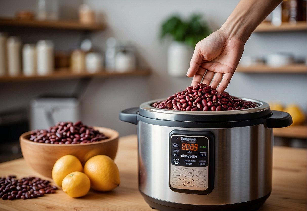 A hand reaches for a bag of kidney beans on a shelf, while an instant pot sits on the counter ready to be used