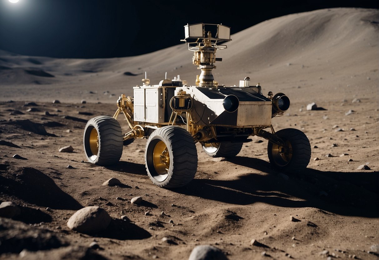 A lunar rover explores the rugged surface of the moon, with the Earth visible in the background, symbolizing India's quest for lunar exploration and the importance of international partnerships