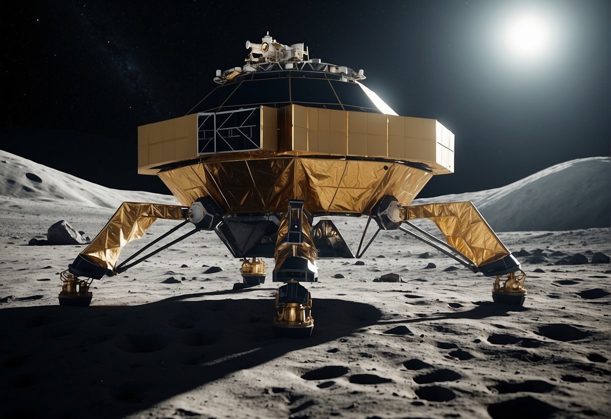 India's Chandrayaan spacecraft lands on the moon, with Earth in the background. The spacecraft's robotic arm collects lunar samples