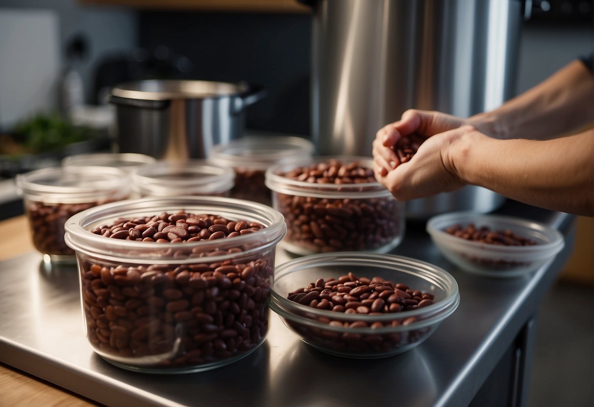 Cooked kidney beans are being transferred into airtight containers for storage. The instant pot is visible in the background