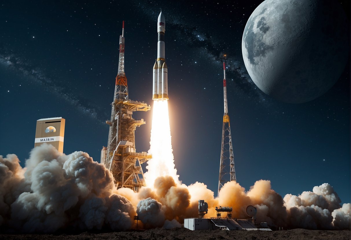 The Chandrayaan mission launches into space, with the moon in the background and the Indian flag on the spacecraft