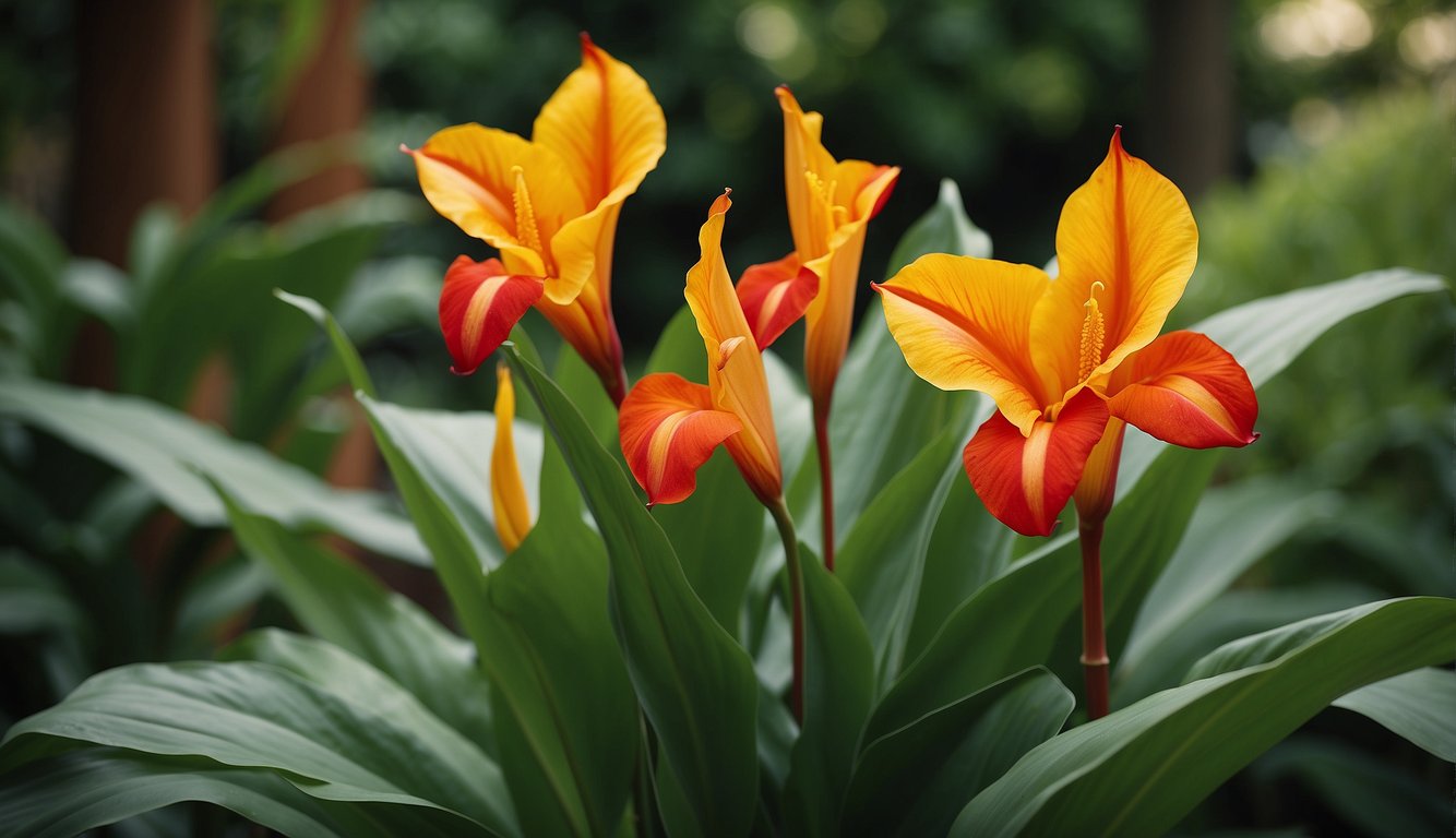 Vibrant red and yellow Canna lilies stand tall among lush green foliage, with large, paddle-shaped leaves and bright, showy flowers