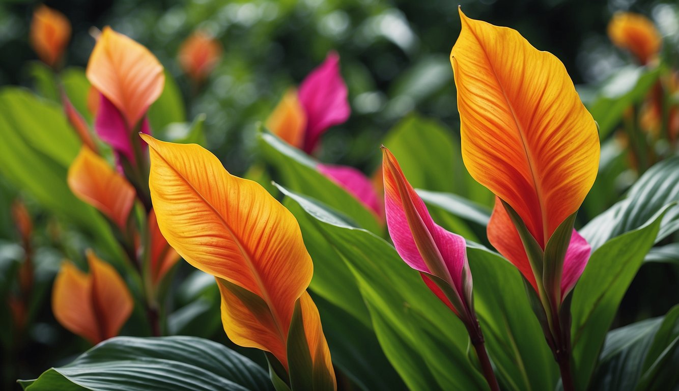 Vibrant Canna Indica leaves and flowers cascade from a lush, tropical garden.

The colorful foliage and blooms create a striking and exotic display