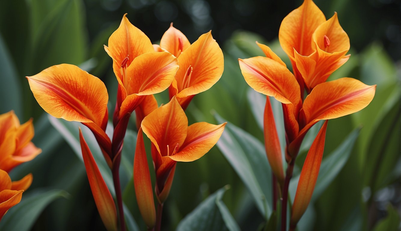 Tropical canna lilies with large, glossy leaves and vibrant, showy flowers in shades of red, orange, and yellow.

Tall, upright stems with lush foliage