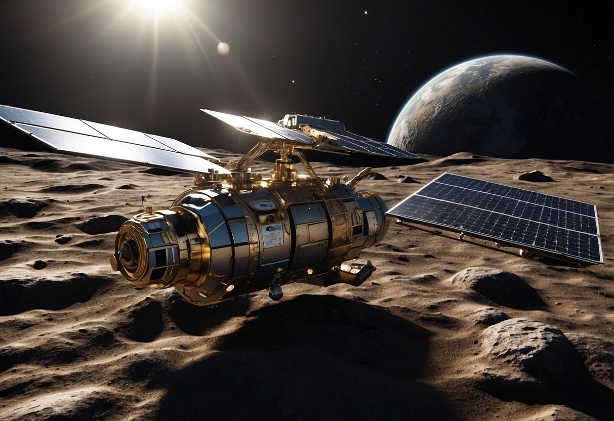 The spacecraft Hayabusa2 approaches the asteroid, its solar panels glistening in the sunlight as it prepares to collect samples from the rocky surface