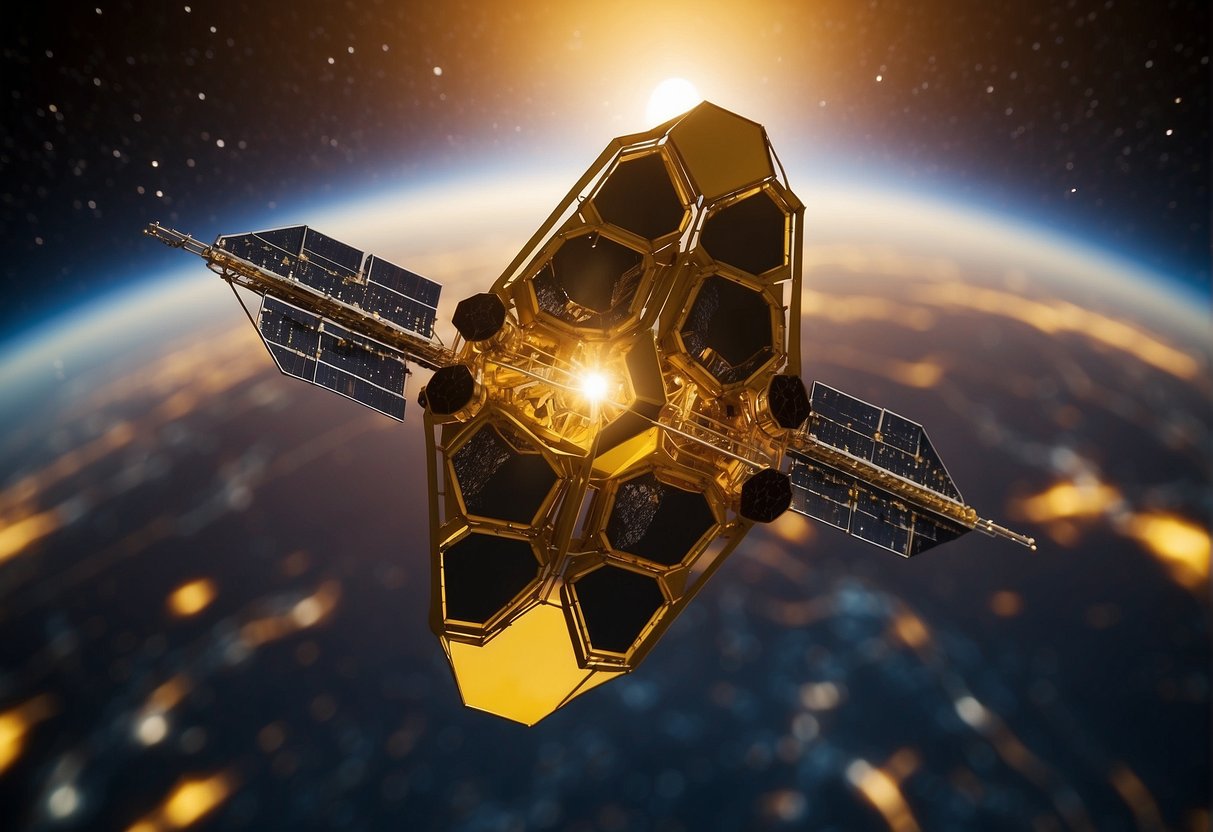 The James Webb Space Telescope orbits in the vastness of space, its golden mirrors reflecting the light of distant stars and galaxies, as it peers into the universe's dawn