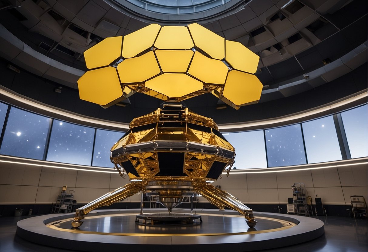 The James Webb Space Telescope extends its golden mirror, peering into the cosmic dawn, surrounded by advanced technological equipment