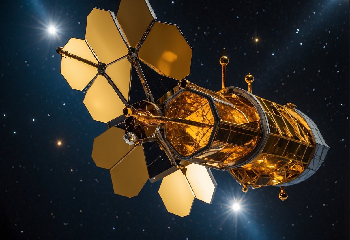 The James Webb Space Telescope floats in the vast expanse of space, its golden mirrors reflecting the light of distant galaxies, as it peers into the universe's dawn