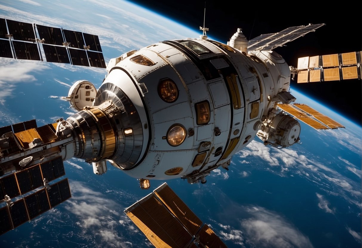 Dragon Capsules dock with the ISS, unloading supplies and crew. The Earth looms in the background as the spacecraft hovers in the vacuum of space