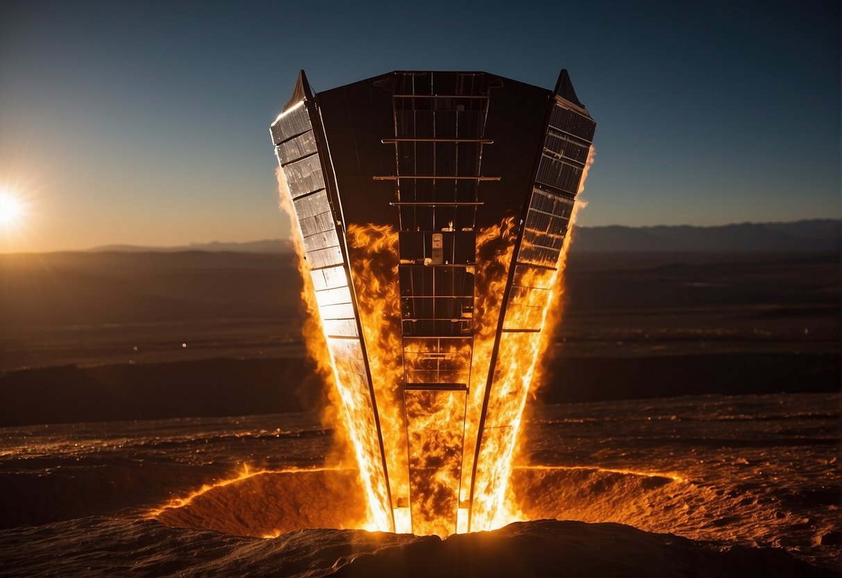 The Parker Solar Probe approaches the blazing surface of the sun, its heat shield protecting it from the intense radiation