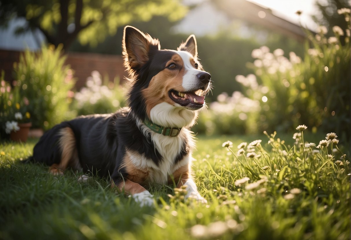 A dog eats grass in a sunny backyard, surrounded by greenery and flowers