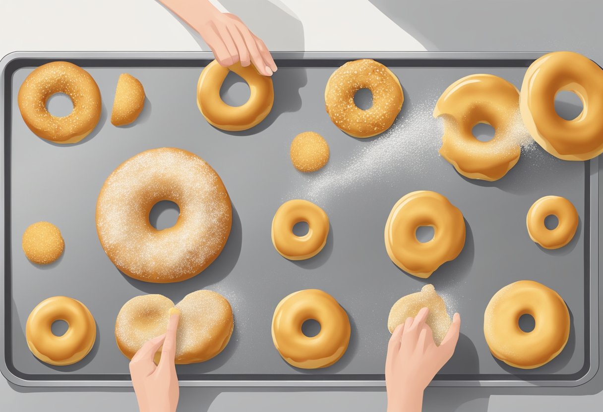 Mixing dough, rolling and cutting donut shapes, then frying them until golden brown