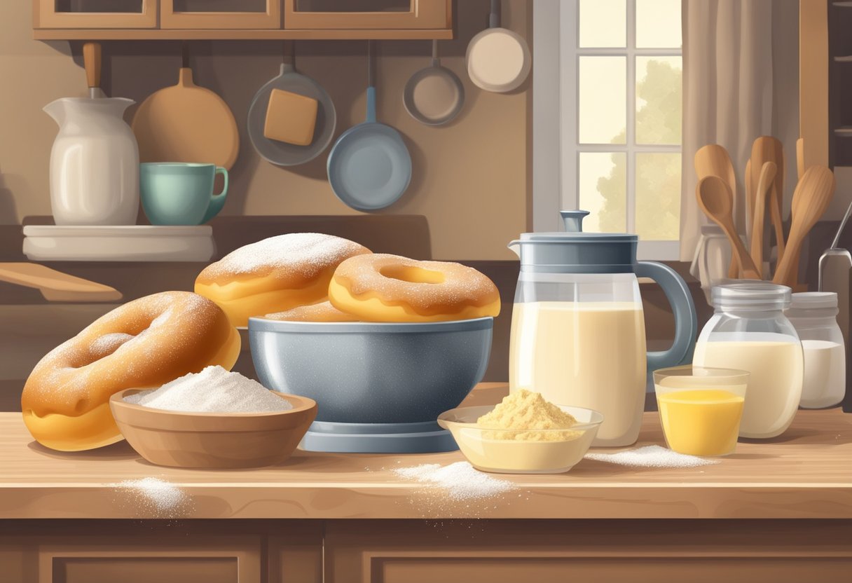 A table with flour, yeast, sugar, butter, and milk. Mixing bowl, rolling pin, and donut cutter. A warm, cozy kitchen with natural light