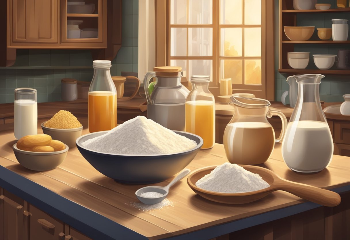 A table with flour, yeast, sugar, and milk. A mixing bowl and a whisk. A warm, well-lit kitchen