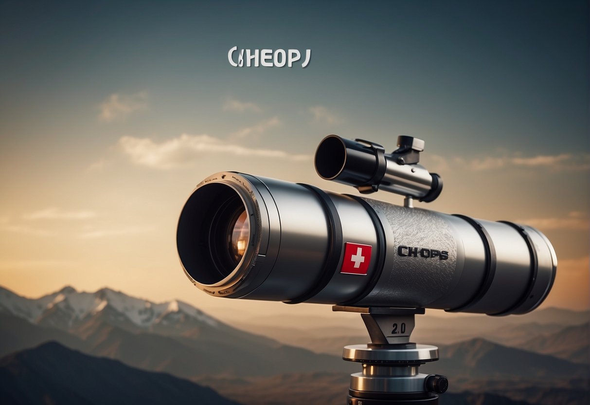 A telescope observes a distant exoplanet, with the Swiss flag and the word "CHEOPS" prominently displayed