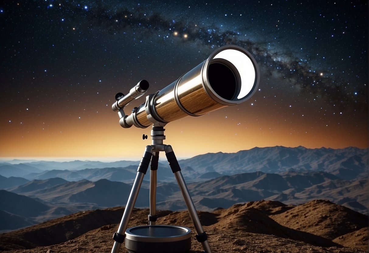 A telescope points towards the night sky, with a backdrop of stars and planets. The CHEOPS satellite orbits above, capturing data on exoplanets