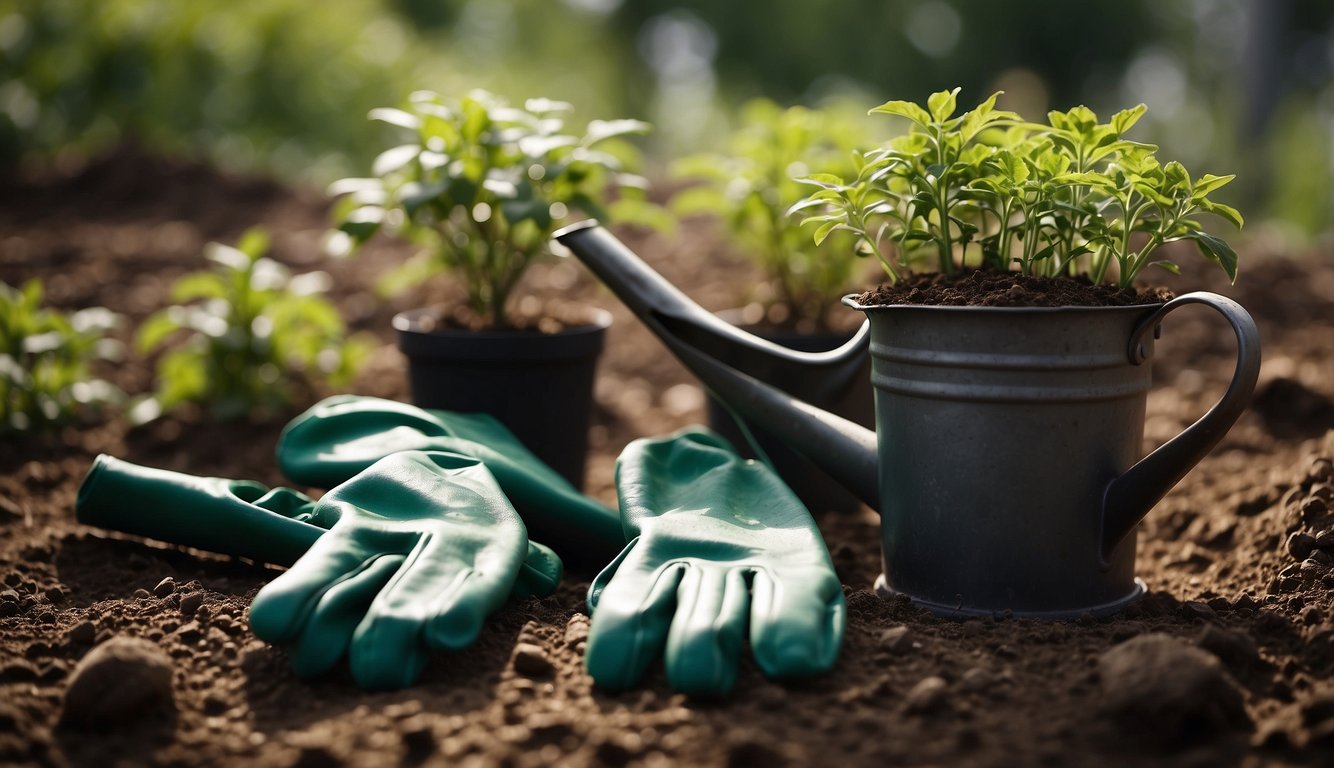 A pair of gardening gloves holds a young Siberian peashrub, ready to be planted in rich, well-draining soil.

A watering can sits nearby, ready to nourish the newly planted shrub