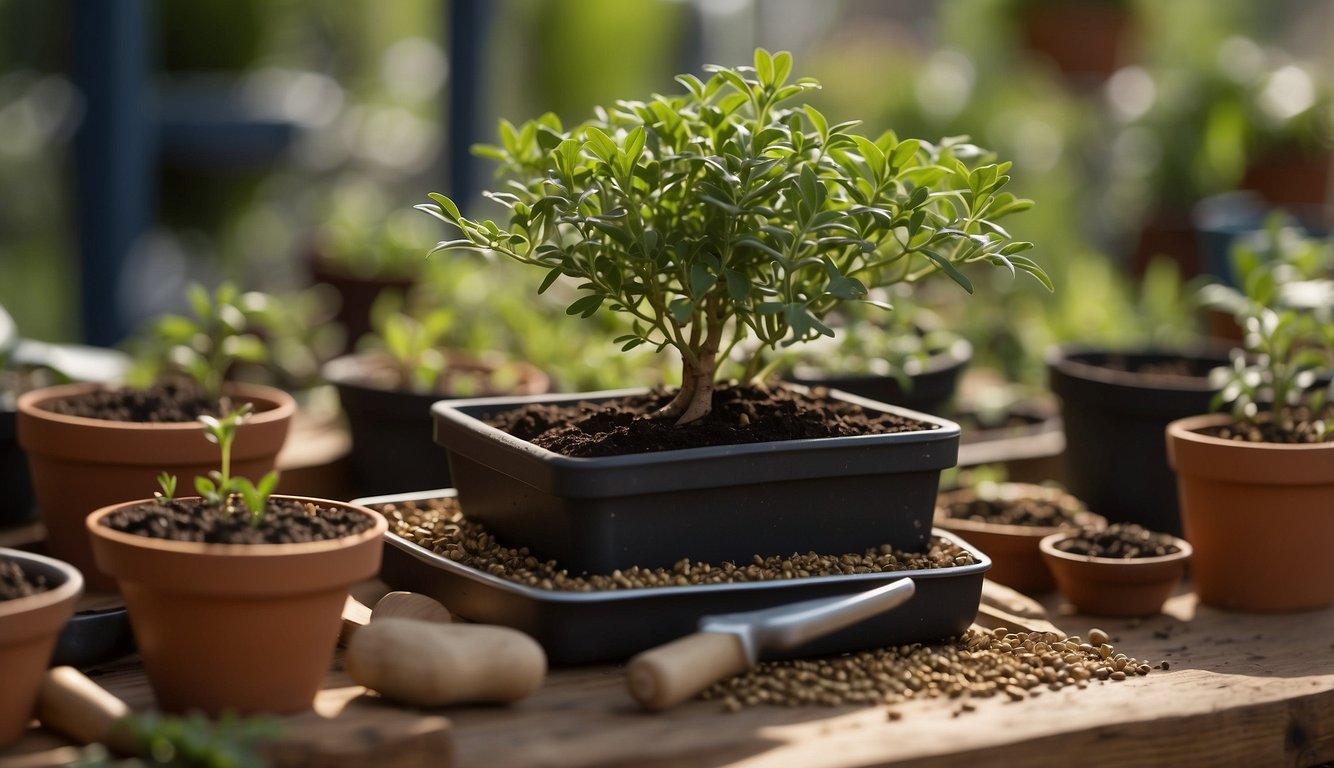 Siberian peashrub (Caragana arborescens) being propagated via seed planting and stem cuttings.

Soil, pots, and pruning tools laid out on a gardening table
