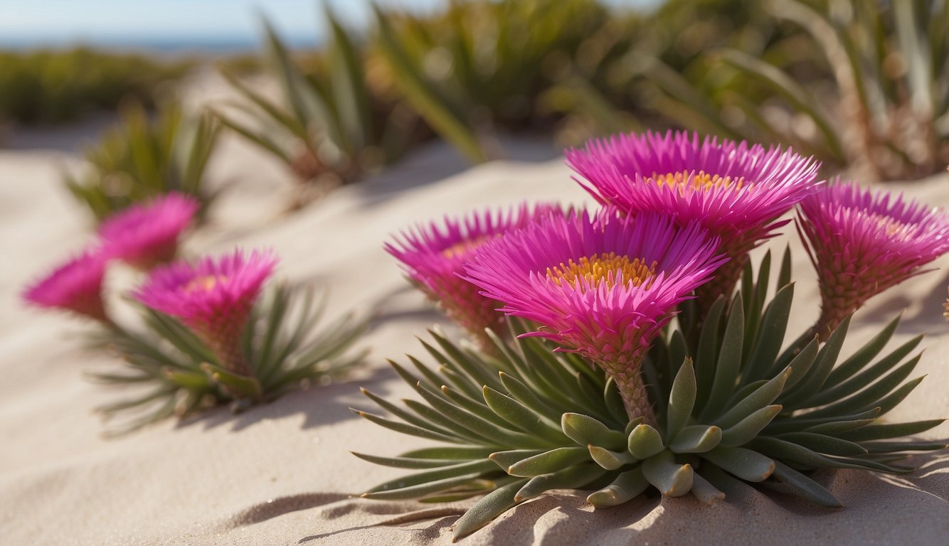 Vibrant Carpobrotus edulis plant with succulent leaves and bright pink flowers, growing on sandy coastal dunes with ocean in the background