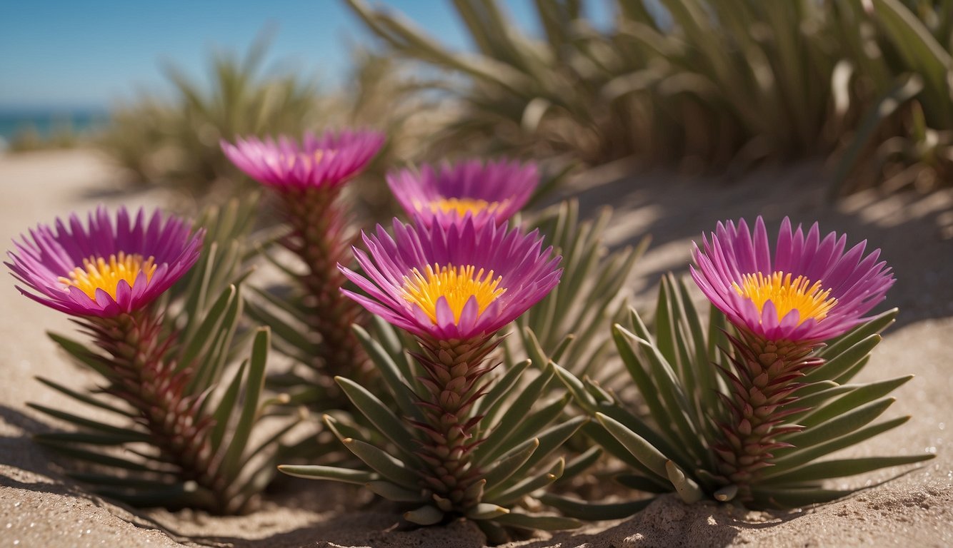 A vibrant Carpobrotus Edulis plant thrives in sandy coastal soil, its succulent leaves glistening in the sunlight.

A cluster of magenta flowers blooms at the center, attracting pollinators
