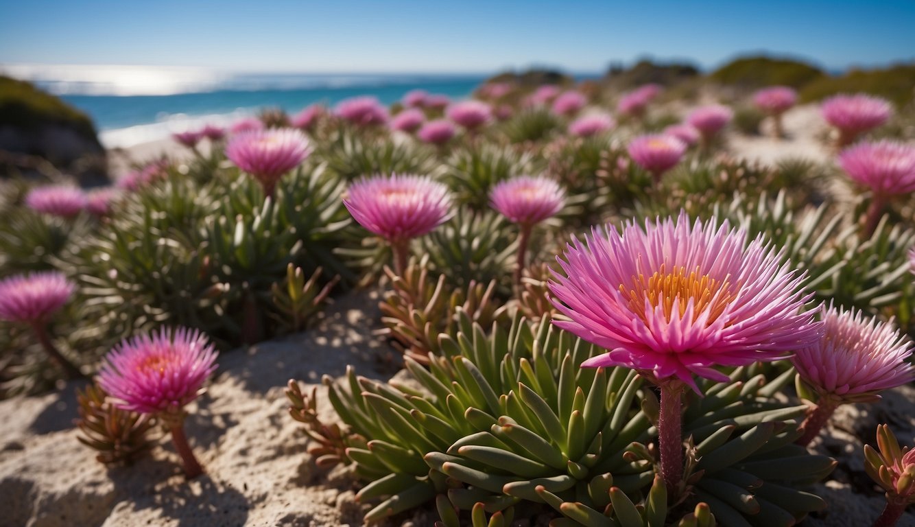 A coastal landscape with Carpobrotus Edulis plants covering the sandy shore.

The succulent's vibrant pink flowers and thick, fleshy leaves create a striking contrast against the blue ocean and bright sky