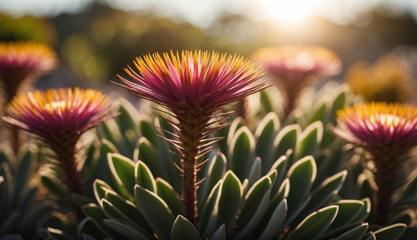 A vibrant Carpobrotus Edulis plant stands tall, its succulent leaves glistening in the sunlight.

Surrounding it are small clusters of colorful flowers, adding a pop of brightness to the scene