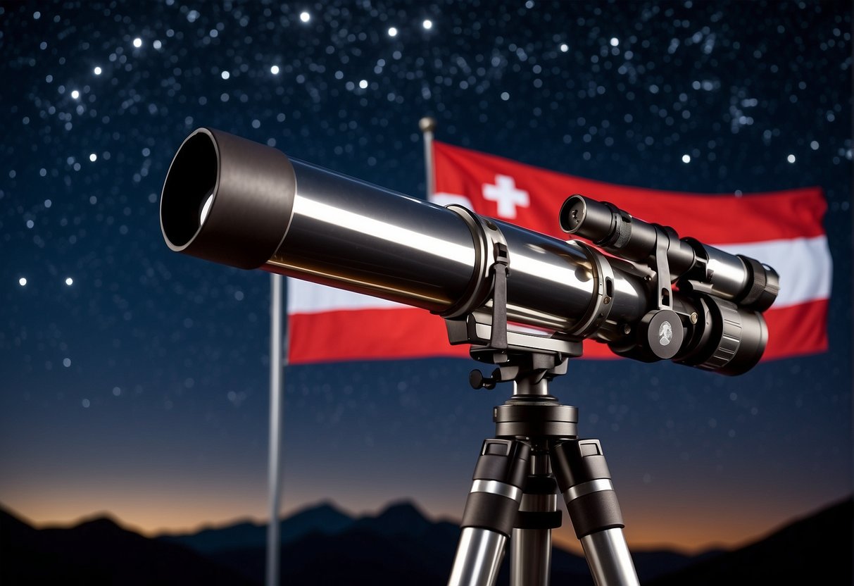 A telescope points towards the night sky, capturing the glimmering stars and distant planets. The Swiss flag waves proudly in the background, symbolizing the country's contribution to exoplanet hunting