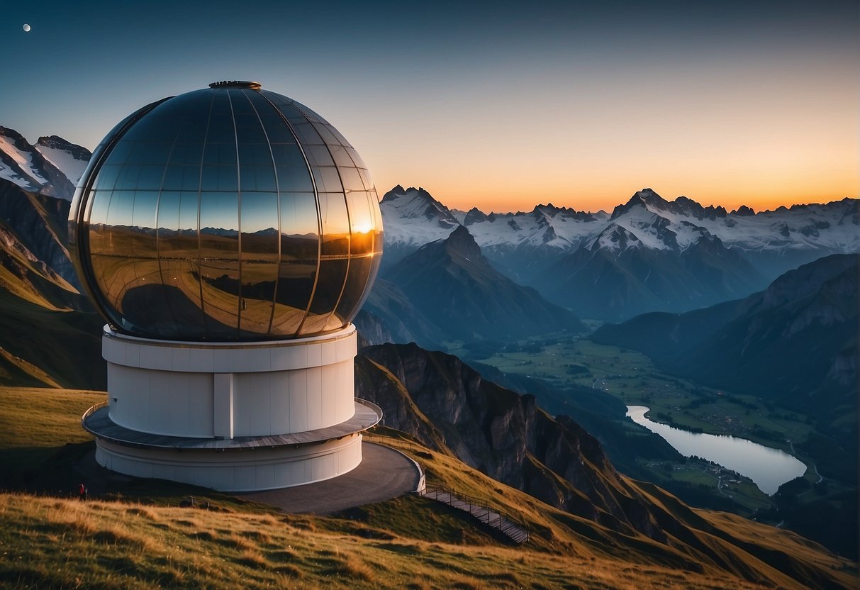 An observatory in the Swiss Alps, with the CHEOPS satellite orbiting above, capturing the beauty of the night sky and the excitement of exoplanet hunting
