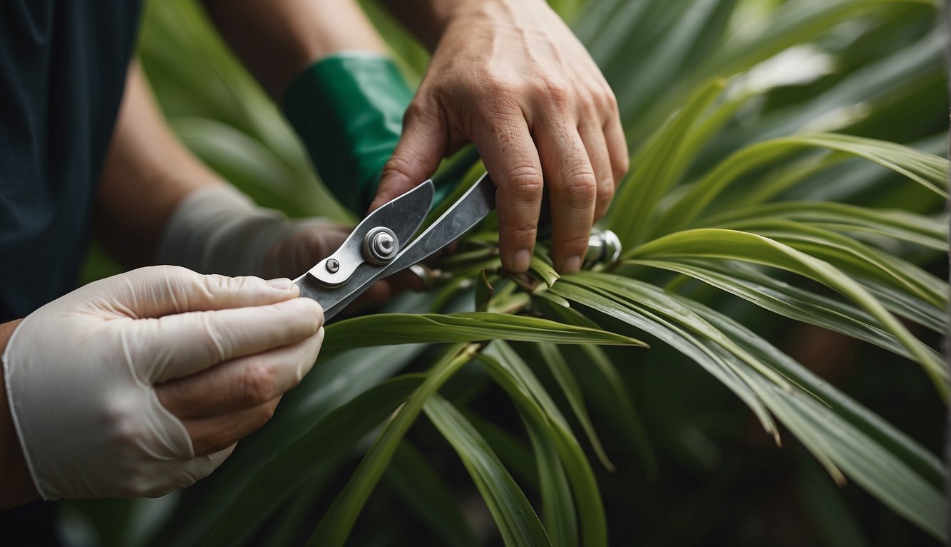 A novice gardener carefully trims the delicate fishtail palm leaves with a pair of gardening shears, focusing on the care of the Caryota Mitis