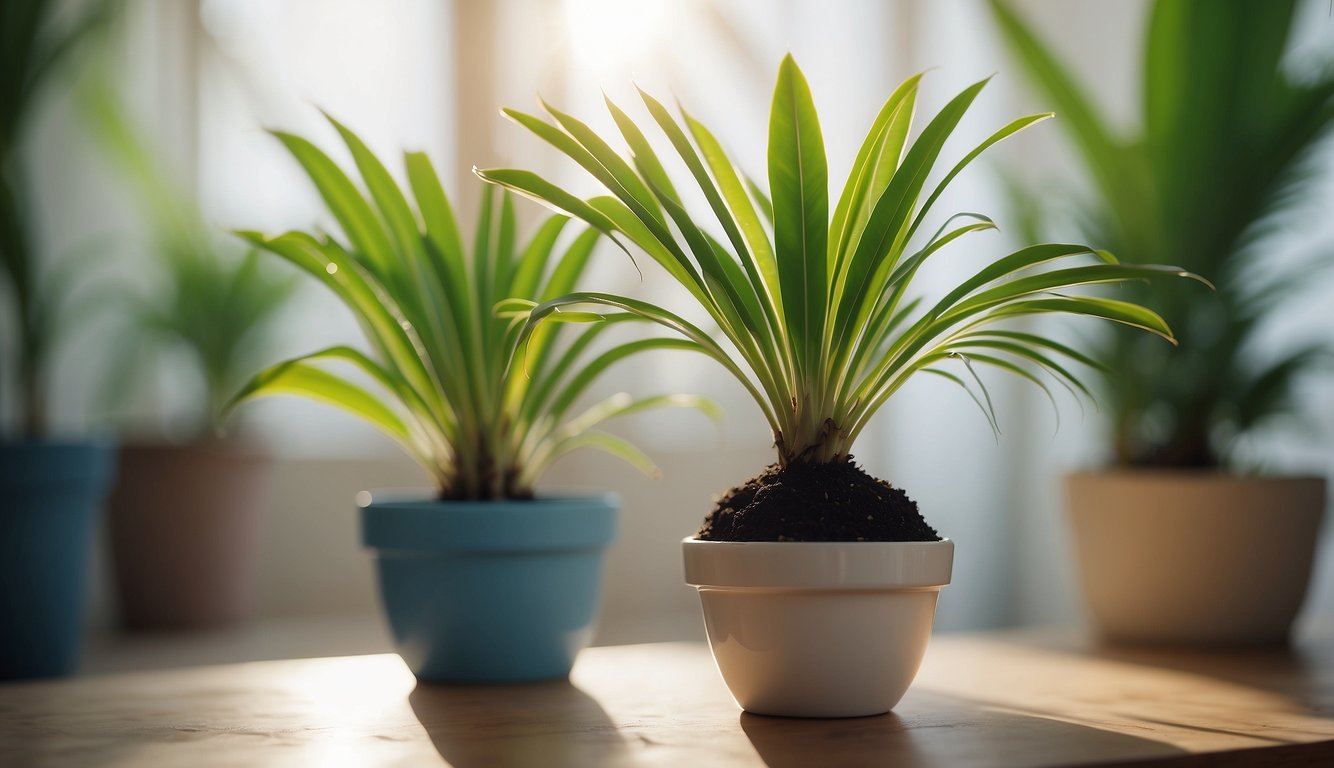 A young Fishtail Palm sits in a bright, airy room.

It's planted in well-draining soil and receives indirect sunlight. A small dish of water sits nearby, ready for regular watering